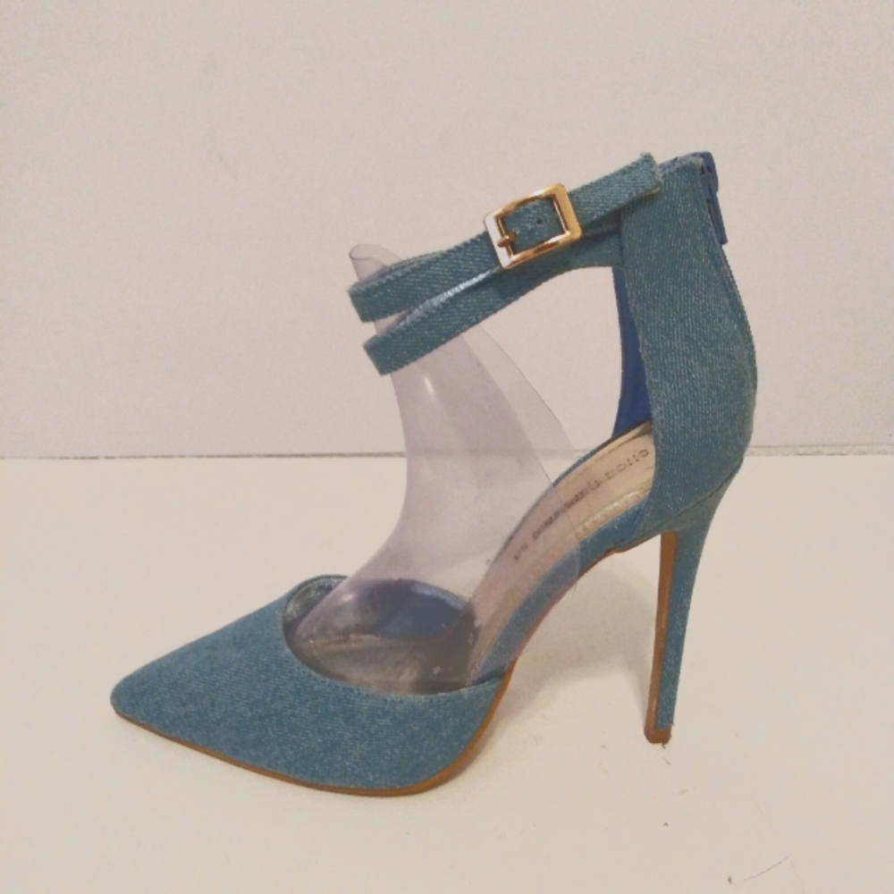 Shoe Republic LA Blue Fabric Zip Point Toe Ankle Strap 4 1/2" Heels sz 7